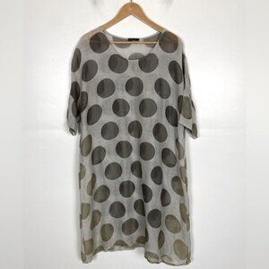 Grizas Silk Linen Blend Tunic Dress Size XL Gray Polka Dot Sheer Short Sleeves